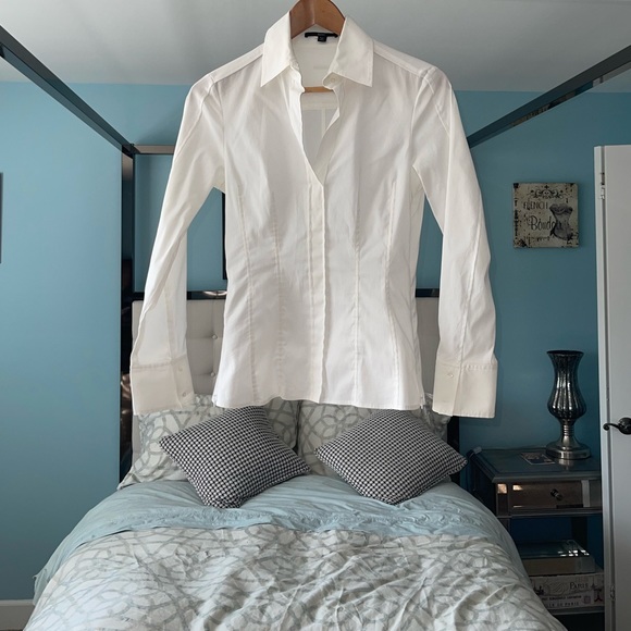 Boss By Hugo Boss BASHINA White Collared Blouse Button-Less Side Zip Vneck Sz 0 - Picture 8 of 15